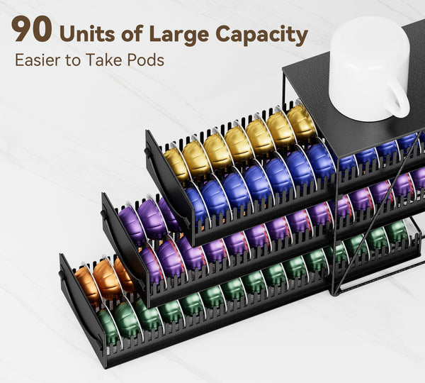 HFHOME Coffee Pod Holder Drawer for 90 Nespresso Vertuo Pods, 3 Tier Nespresso Pod Organizer, Metal Coffee Capsules Storage Stand with Sliding Drawers