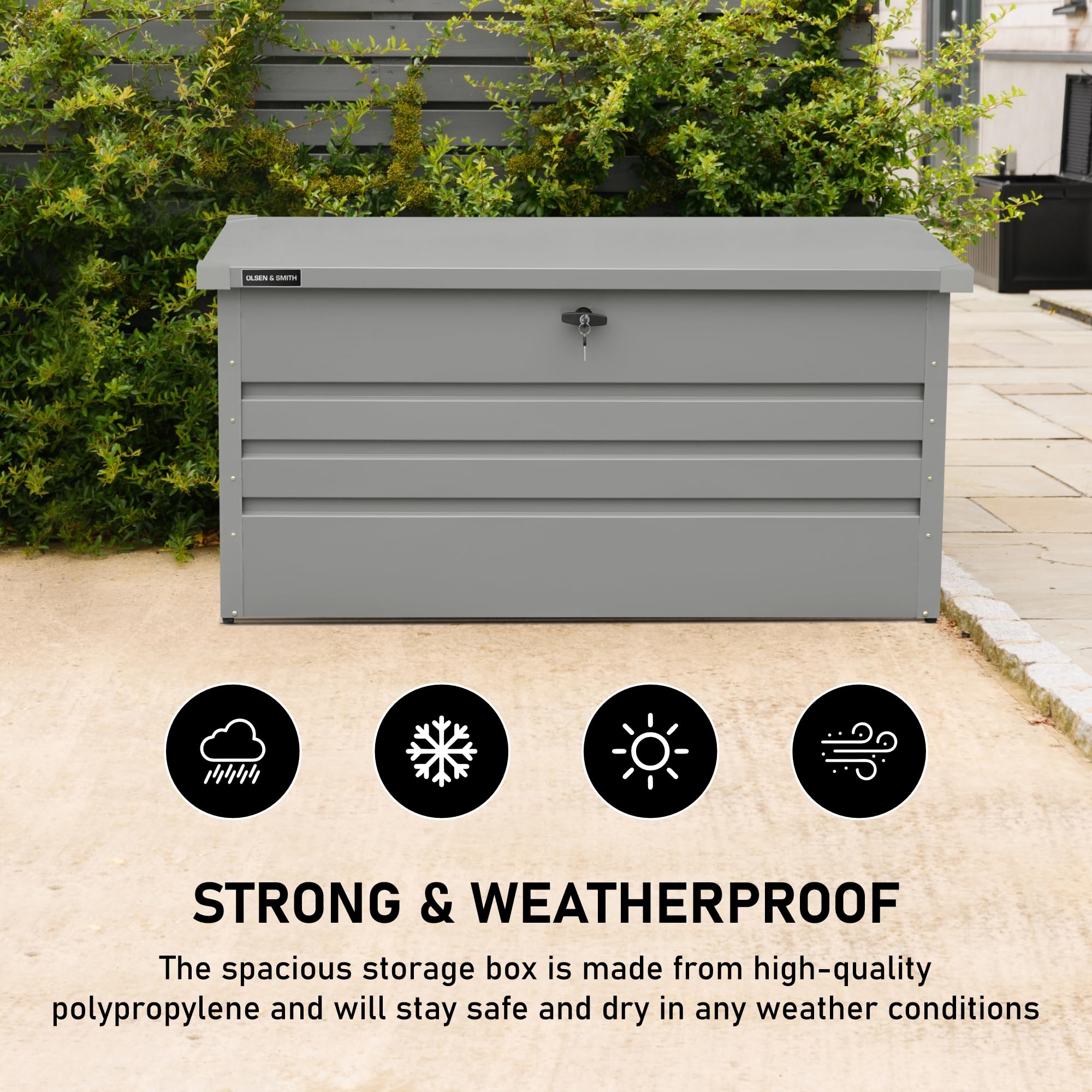 Olsen & Smith 1000L Extra Large XL Metal Outdoor Garden Storage Box - Weather Resistant Heavy Duty Garden Box with Built In Lock - Massive Capacity Storage Chest for Tools Cushions Toys & More, Grey