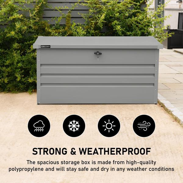 Olsen & Smith 1000L Extra Large XL Metal Outdoor Garden Storage Box - Weather Resistant Heavy Duty Garden Box with Built In Lock - Massive Capacity Storage Chest for Tools Cushions Toys & More, Grey