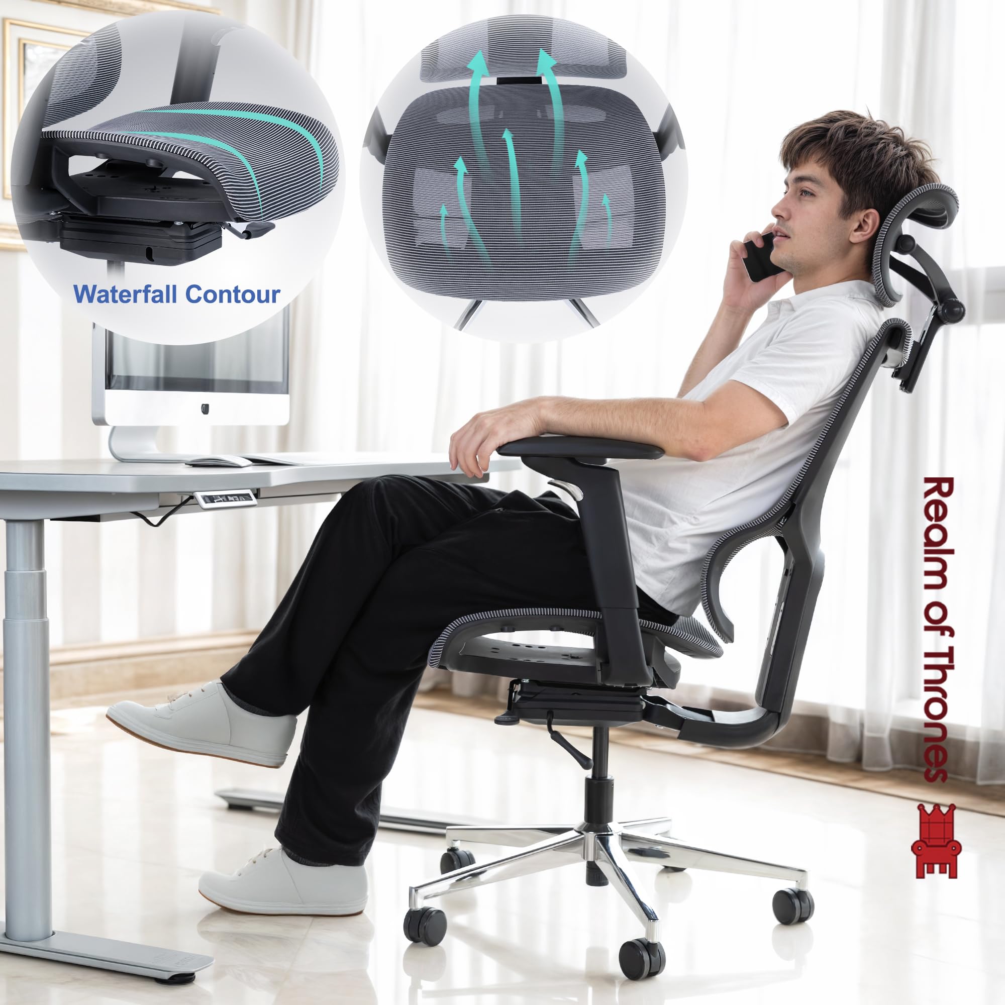 Realm of Thrones CAPTAIN Ergonomic Office Chair for Home, Heavy Duty Steel Base, Versatile Flip-up Armrests, Adjustable Lumbar Support, Mesh Back Comfort Cushion Seat for Computer Desk/Gaming (Black)