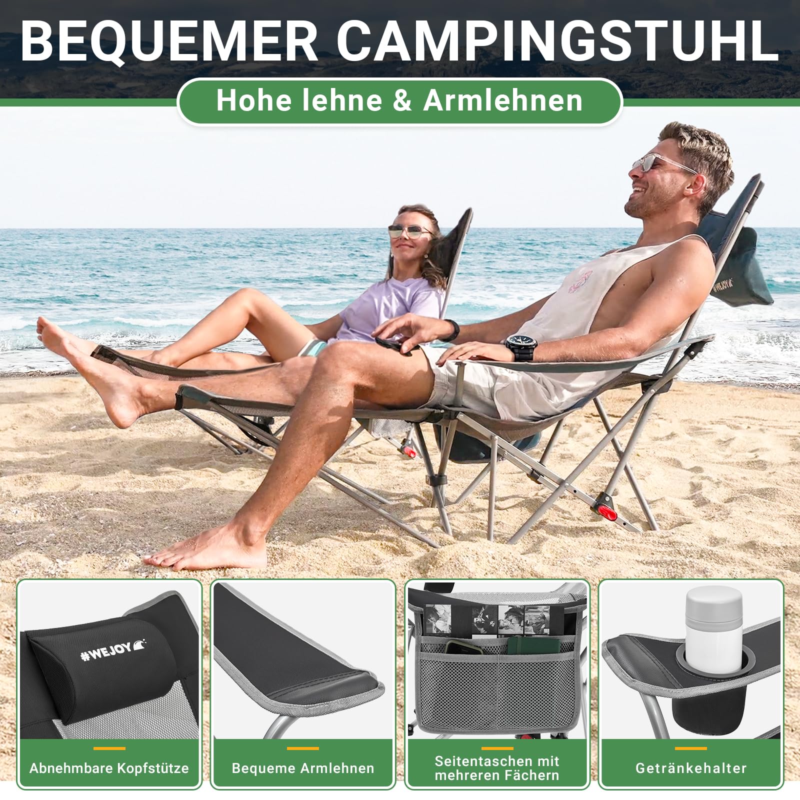 #WEJOY Camping Chairs Folding Recliner Chair Adjustable with Detachable Footrest Headrest Cup Holder Lightweight Portable Reclining Camp Chair Fold Up Chair for Outdoor Beach Garden, Cyan Set of 2