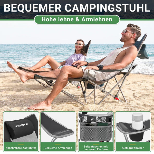 #WEJOY Camping Chairs Folding Recliner Chair Adjustable with Detachable Footrest Headrest Cup Holder Lightweight Portable Reclining Camp Chair Fold Up Chair for Outdoor Beach Garden, Cyan Set of 2