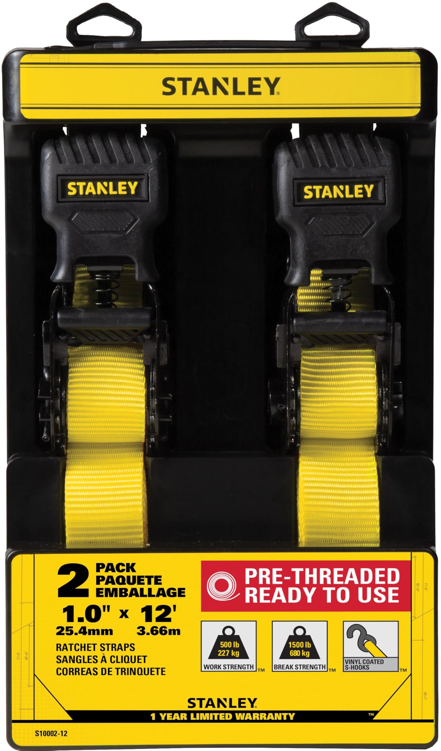 STANLEY S1007 Black/Yellow 1.5" x 16' Ratchet Tie Down Straps - 1,100 lb Safe Working Load / 3,300 lb Break Strength, 2 Pack