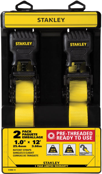 STANLEY S1007 Black/Yellow 1.5" x 16' Ratchet Tie Down Straps - 1,100 lb Safe Working Load / 3,300 lb Break Strength, 2 Pack