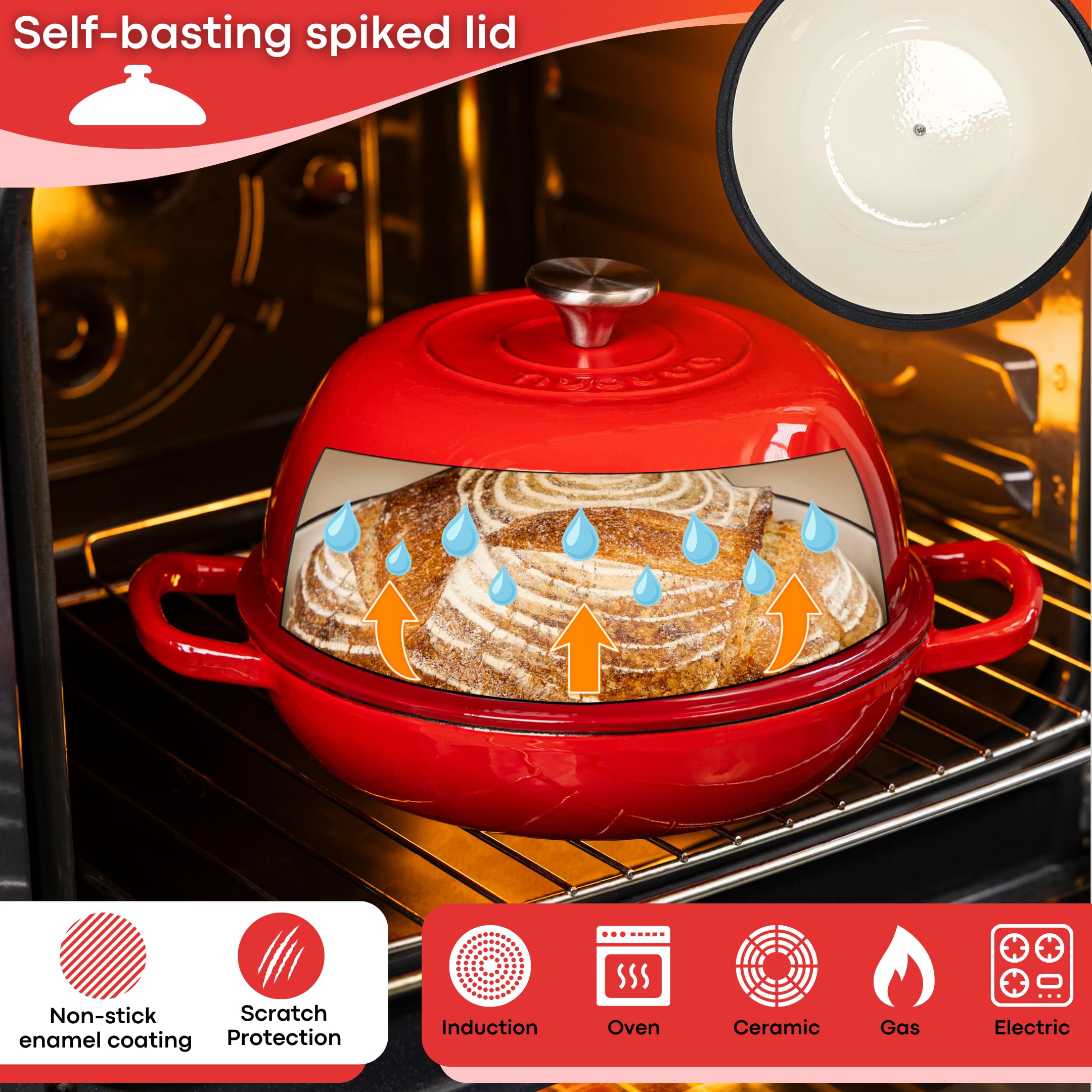 Enamelled Cast Iron Dutch Oven Pot  Dutch Oven For Sourdough Bread Baking  Cast Iron Bread Pot  Red, 6 Quarts, 22cm  by Nuovva