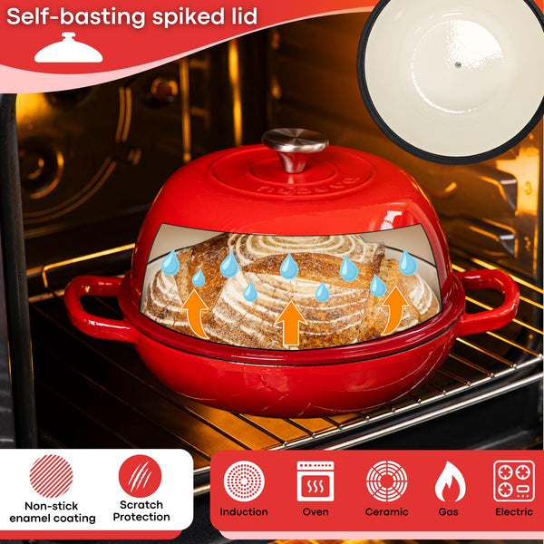 Enamelled Cast Iron Dutch Oven Pot  Dutch Oven For Sourdough Bread Baking  Cast Iron Bread Pot  Red, 6 Quarts, 22cm  by Nuovva