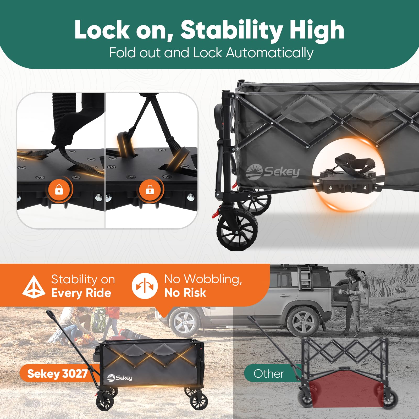 Sekey 332L Folding Festival Trolley with Expandable Tailgate, Patented Design Beach Cart - Diamond Collapsible, Wide All-Terrain Wheels, Brake, 350LB Load Capacity Heavy Duty Wagon for Camping, Black