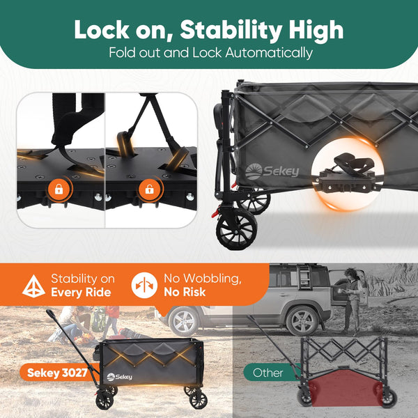 Sekey 332L Folding Festival Trolley with Expandable Tailgate, Patented Design Beach Cart - Diamond Collapsible, Wide All-Terrain Wheels, Brake, 350LB Load Capacity Heavy Duty Wagon for Camping, Black
