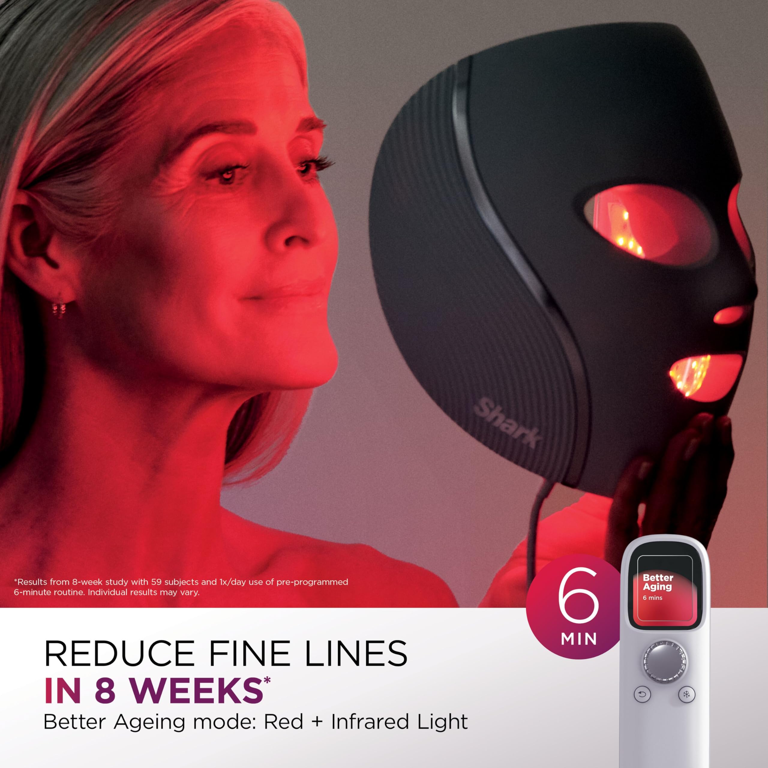 Shark CryoGlow LED Face Mask with Under-Eye Cooling, Anti-Ageing & Blemish Repair, Red & Blue LED, Infrared Light Therapy, USB-C, Remote Control, Storage Bag, Adjustable Straps