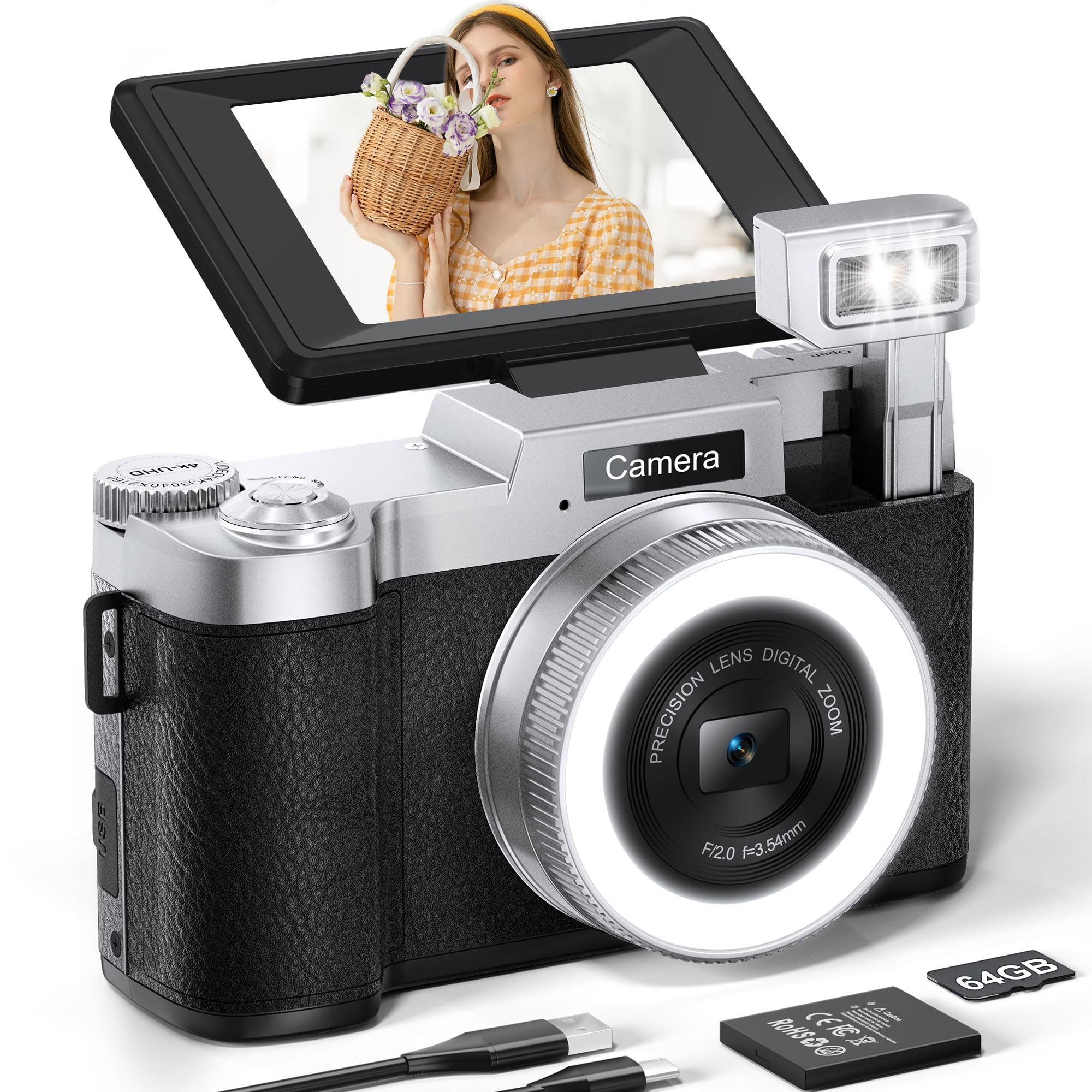 Digital Camera, 64MP 4K Cameras for Photography and Vlogging with Beauty Ring Light, 64GB SD Card, 18X Zoom Autofoucs, 180° Flip Screen Compact Portable Youtube Camera for Beginners Adult Teens