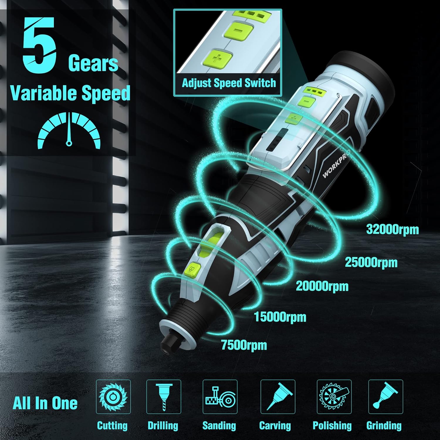 WORKPRO Cordless Rotary Tool kit 12V, Rotary Tool Set with 114 PCS Accessories, 5 Gears Variable Speed 7500-32000RPM, Powerful Engraver, Sander, Polisher, Perfect for DIY and Handmade