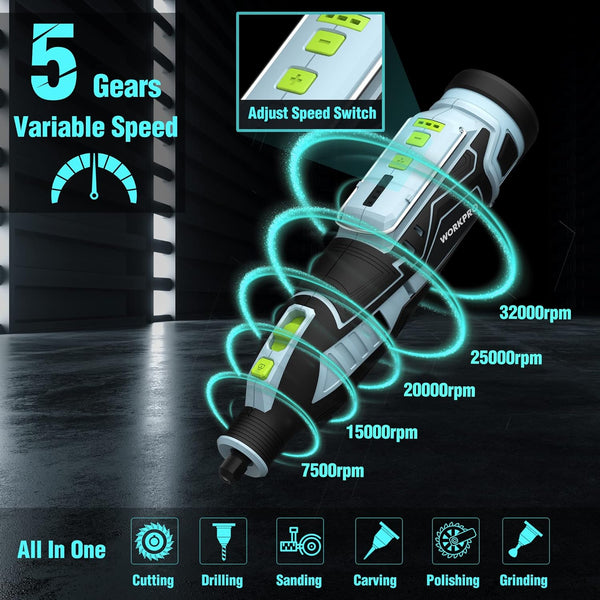 WORKPRO Cordless Rotary Tool kit 12V, Rotary Tool Set with 114 PCS Accessories, 5 Gears Variable Speed 7500-32000RPM, Powerful Engraver, Sander, Polisher, Perfect for DIY and Handmade