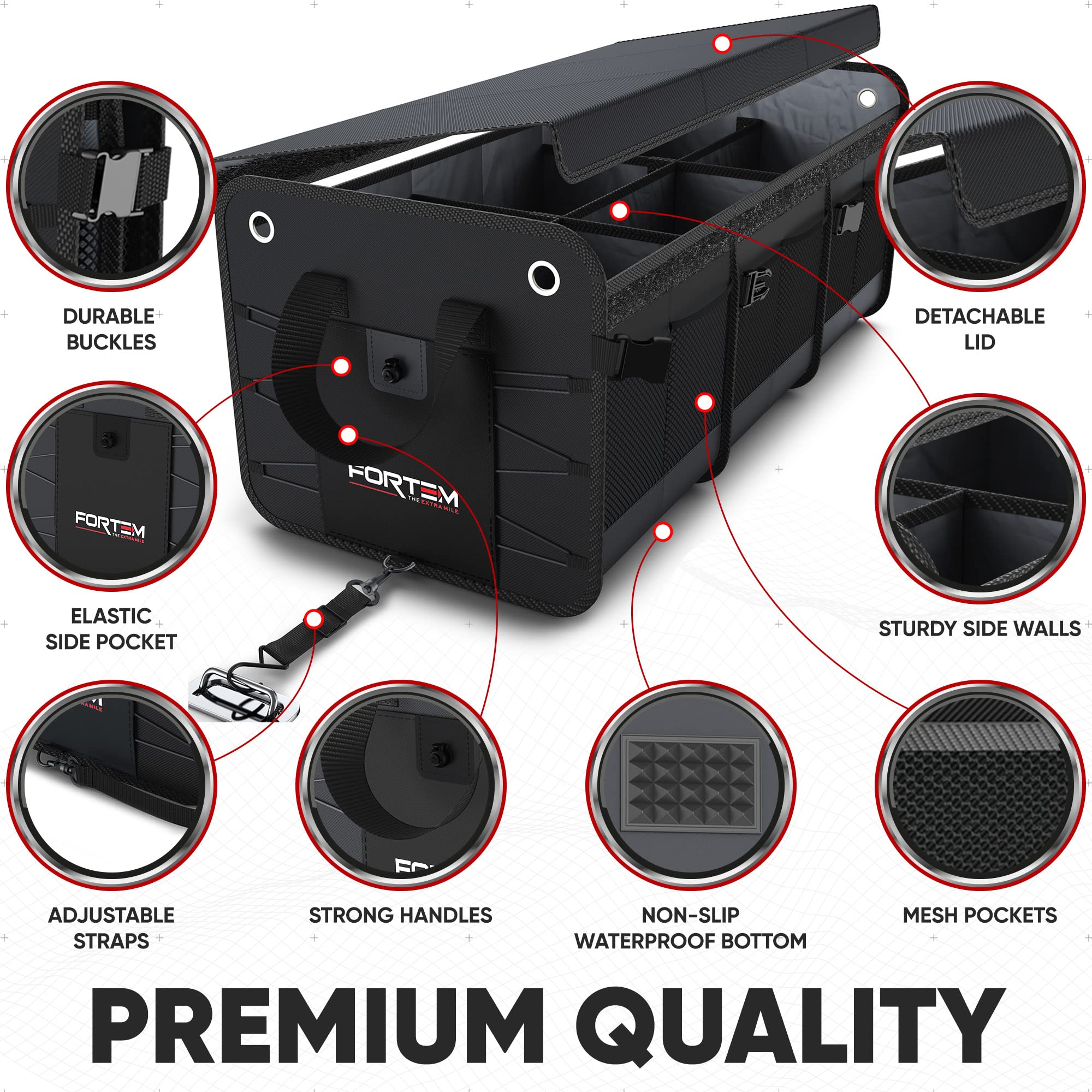 FORTEM Car Boot Organiser, SUV Boot Tidy, Trunk Storage, Collapsible Multi Compartment Car Organiser, Non Slip Bottom, Adjustable Securing Straps, Foldable Cover (65L)