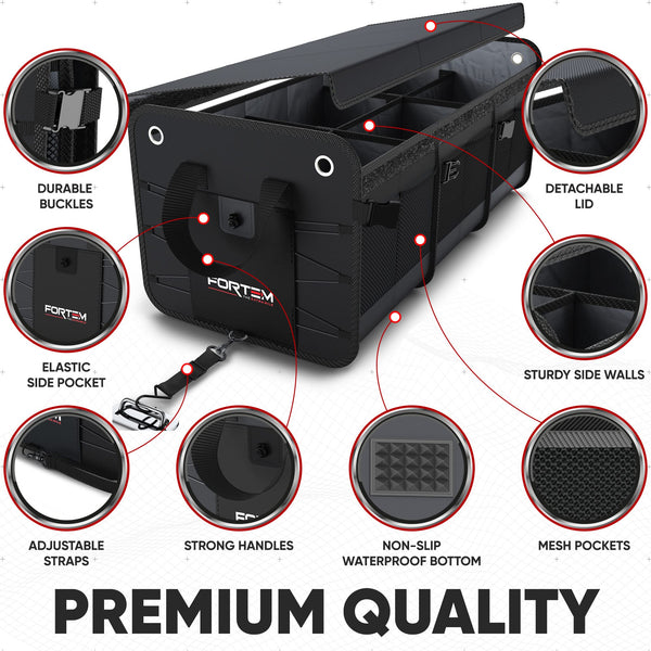 FORTEM Car Boot Organiser, SUV Boot Tidy, Trunk Storage, Collapsible Multi Compartment Car Organiser, Non Slip Bottom, Adjustable Securing Straps, Foldable Cover (65L)