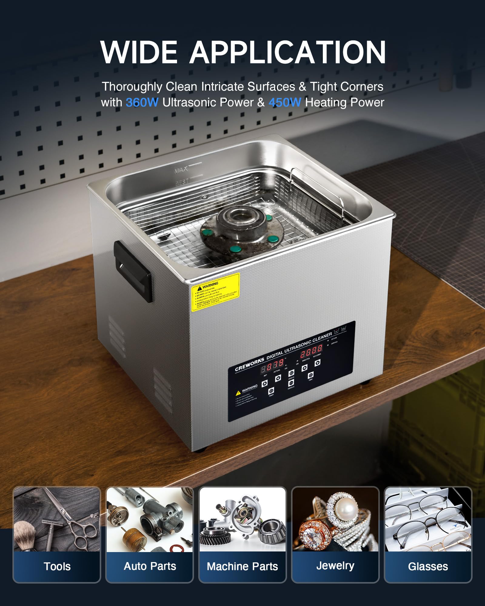 CREWORKS 6L Digital Ultrasonic Cleaner, 1.6 gal. Ultrasonic Cleaning Machine with Degas & Gentle Modes, 180W Professional Ultrasound Cleaner with 300W Heater and Timer for Glasses