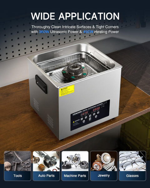 CREWORKS 6L Digital Ultrasonic Cleaner, 1.6 gal. Ultrasonic Cleaning Machine with Degas & Gentle Modes, 180W Professional Ultrasound Cleaner with 300W Heater and Timer for Glasses
