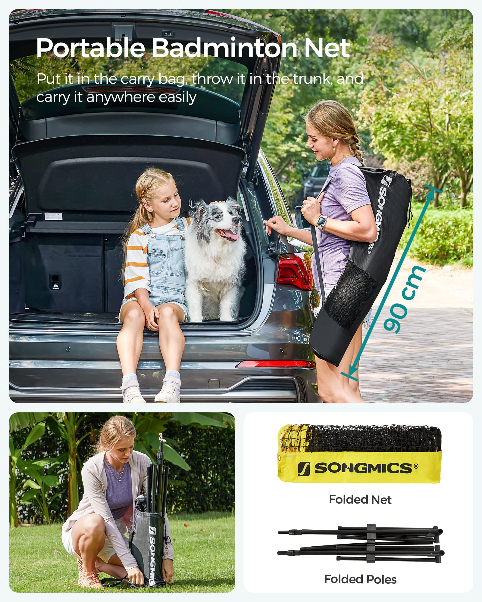 SONGMICS 3 m Badminton Net, Volleyball Net, Adjustable Poles Height, Portable Set for Tennis