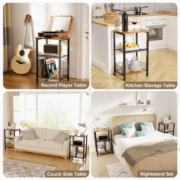 iDavosic.ly 3-Tier Side Table Living Room, Small Bedside Table Nightstand, Industrial Coffee End Table Storage Organizer for Bedroom Office, Rustic