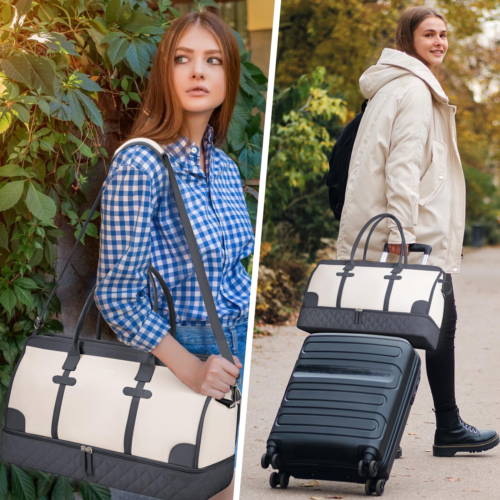 ETRONIK Weekend Overnight Bag for Women, Large Travel Duffle Bag with Shoe Compartment & Wet Pocket, Carry On Tote Bags Gym Duffel Bag with Toiletry Bags for Hospital 3 Pcs Set, Black