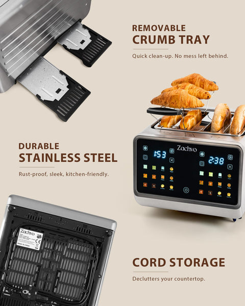 ZACHVO Toaster 4 Slice with Independent Dual Controls & Extra-Wide 1.45" Slots – Smart Touchscreen Toasters with 6 Browning Levels, Auto Shutoff, Defrost & Reheat, Sandwich Clip & Warming Rack