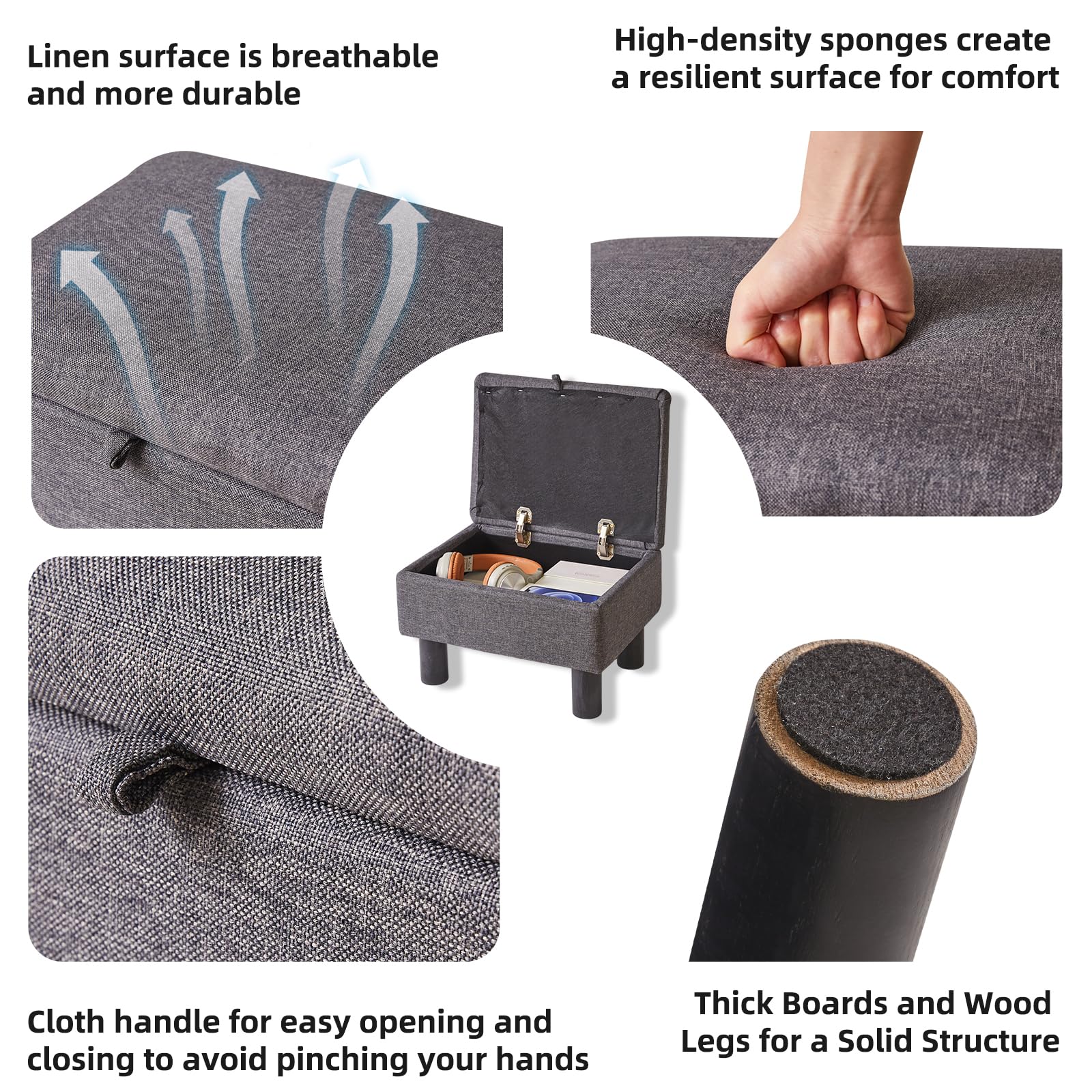 Aibiju Small Pouffe Footstool with Storage, Linen Fabric Pouf with Wodden Legs, Change Shoes Stool for Living Room and Bedroom, Dark Grey, YD-JD1363