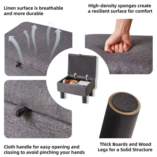 Aibiju Small Pouffe Footstool with Storage, Linen Fabric Pouf with Wodden Legs, Change Shoes Stool for Living Room and Bedroom, Dark Grey, YD-JD1363