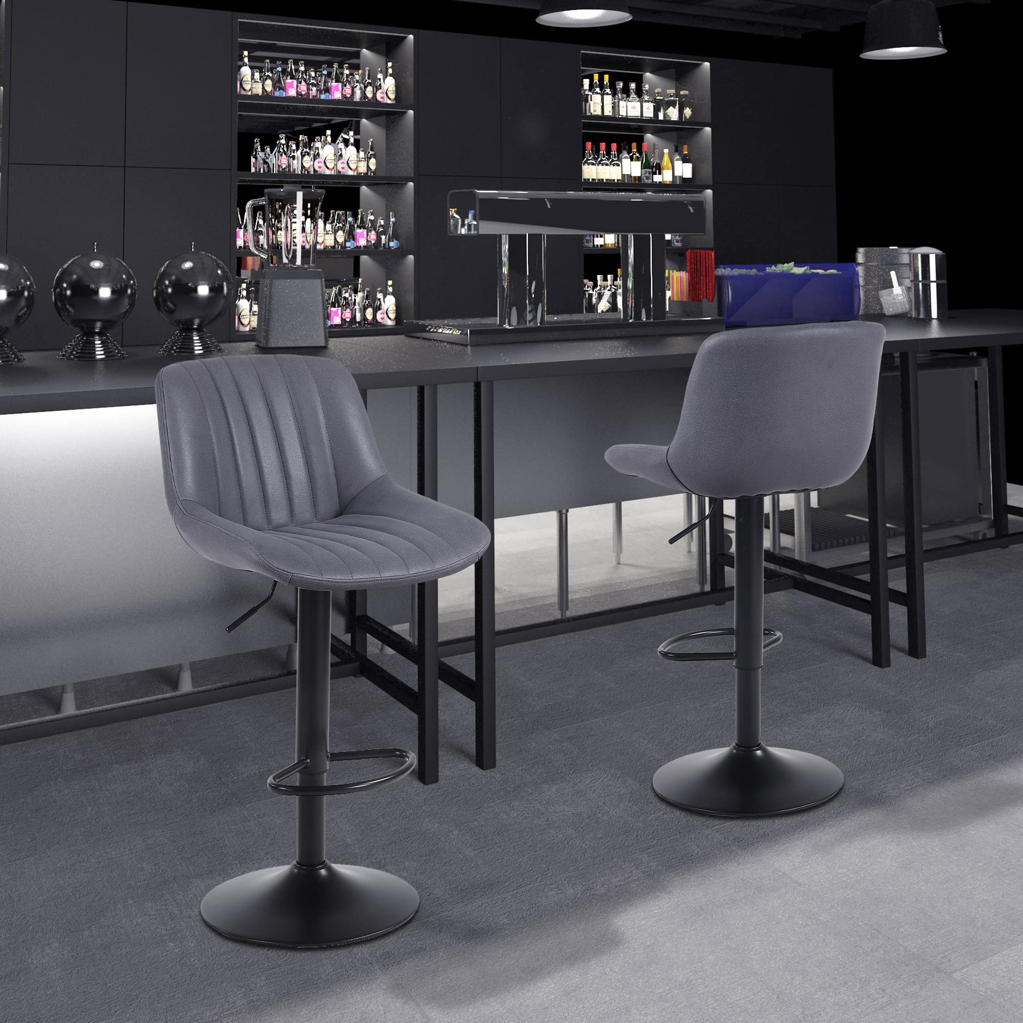 Youhauchair Bar Stools Set of 2, Swivel Counter Height Barstools with Back, Adjustable PU Leather Bar Chairs, Modern Armless Kitchen Island Stool, Black