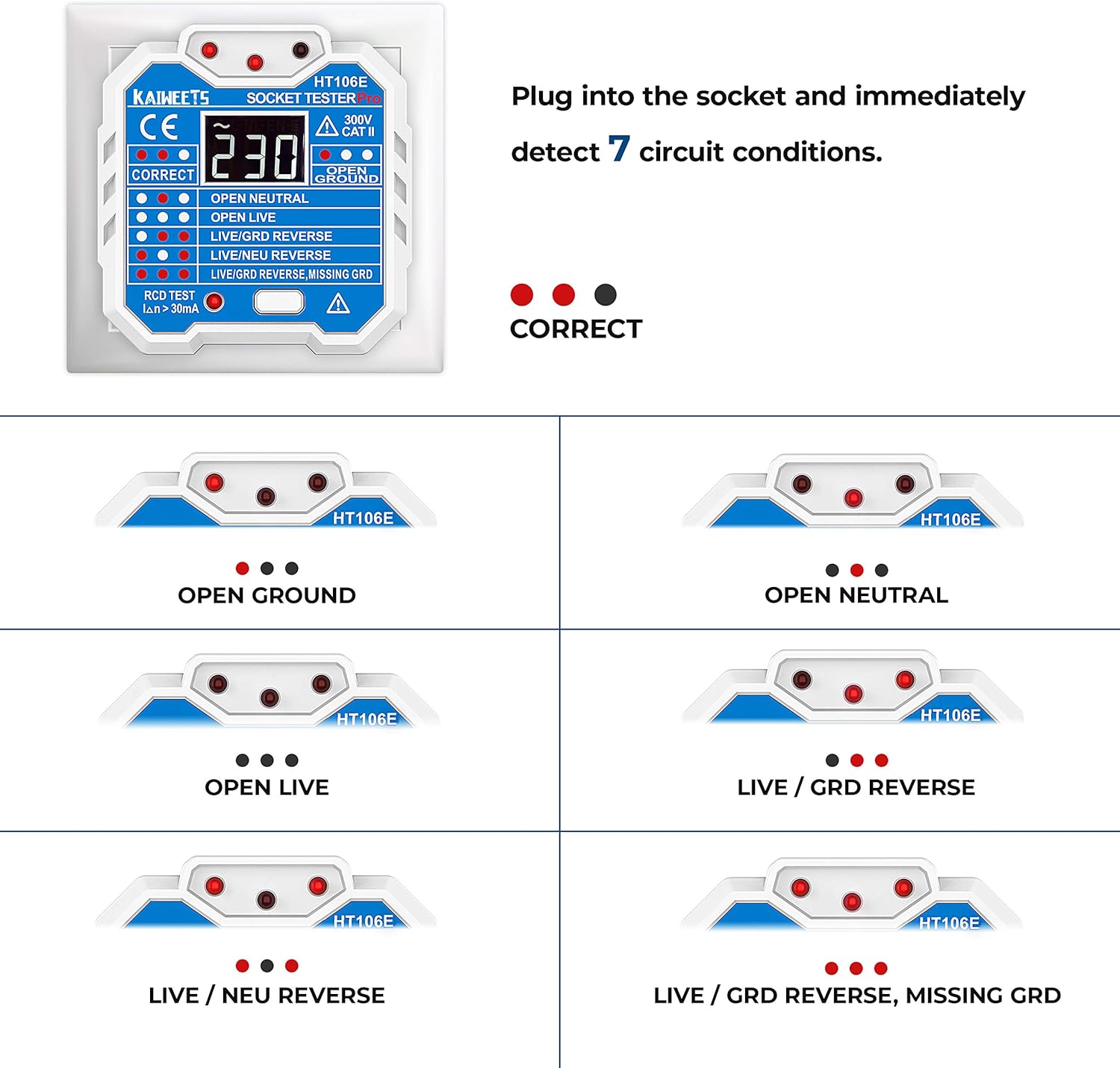 KAIWEETS HT106E Socket Tester UK, RCD Plug Socket Tester Electrical Voltage Tester with LCD Display for Neutral/Live/EarthWire/RCD Testing, CAT II 300V, Includes 7 Visual Indications and Wiring Legend