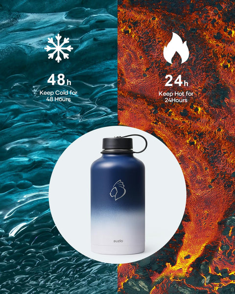 Stainless Steel Water Bottle 2L, BUZIO Vacuum Insulated Water Bottle with Straw Lid and Flex Cap Cold for 48 Hrs, Hot for 24 Hrs Double Wall Wide Mouth BPA Free Leak Proof, Black