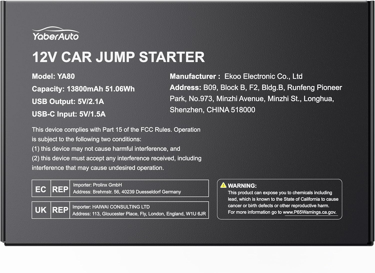 YABER YaberAuto YA80 J‎ump Starter Power Pack 2000A 13800mAh Car Battery Booster Jump Starter,Car Jump Starter for 5.5L Diesel or 7L Petrol Engines, Portable Jump Pack with Jump Leads,LED Flashlight,USB C Input