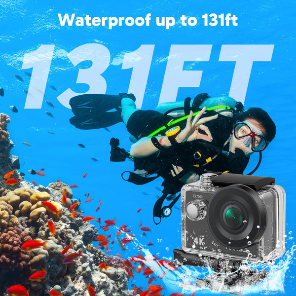 AKASO EK7000 Action Camera Floating Hand Grip Bundle - Includes 4K30FPS EK7000 Underwater Camera, Floating Hand Grip, 2 Batteries, Carrying Case, and Accessory Kits
