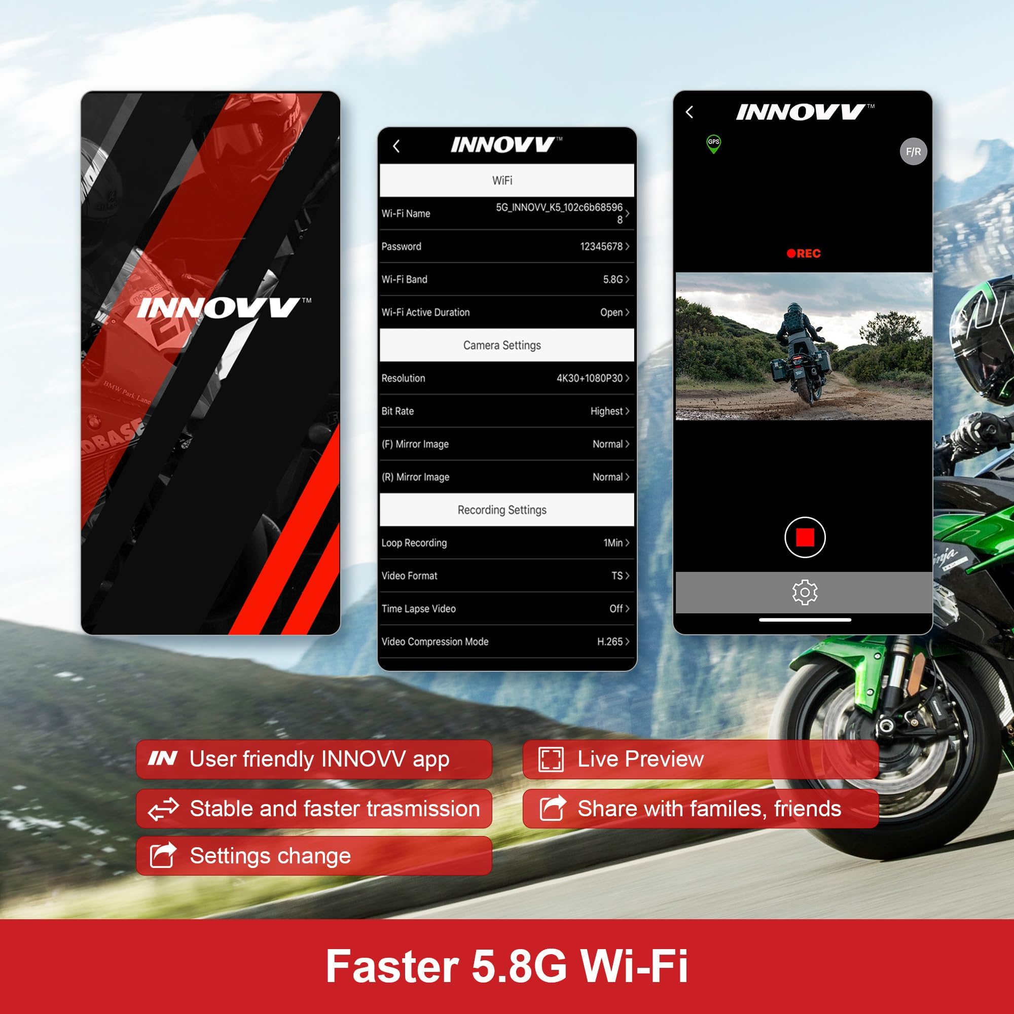 K7 Motorcycle Dash Cam Front and Rear with EIS Anti-Shake 2K + 2K@30FPS or 1080P + 1080P@60 FPS Motorbike Camera, GPS, Wi-Fi, 24Hrs G-Sensor, Waterproof Motorcycle Camera Support 512 GB Max