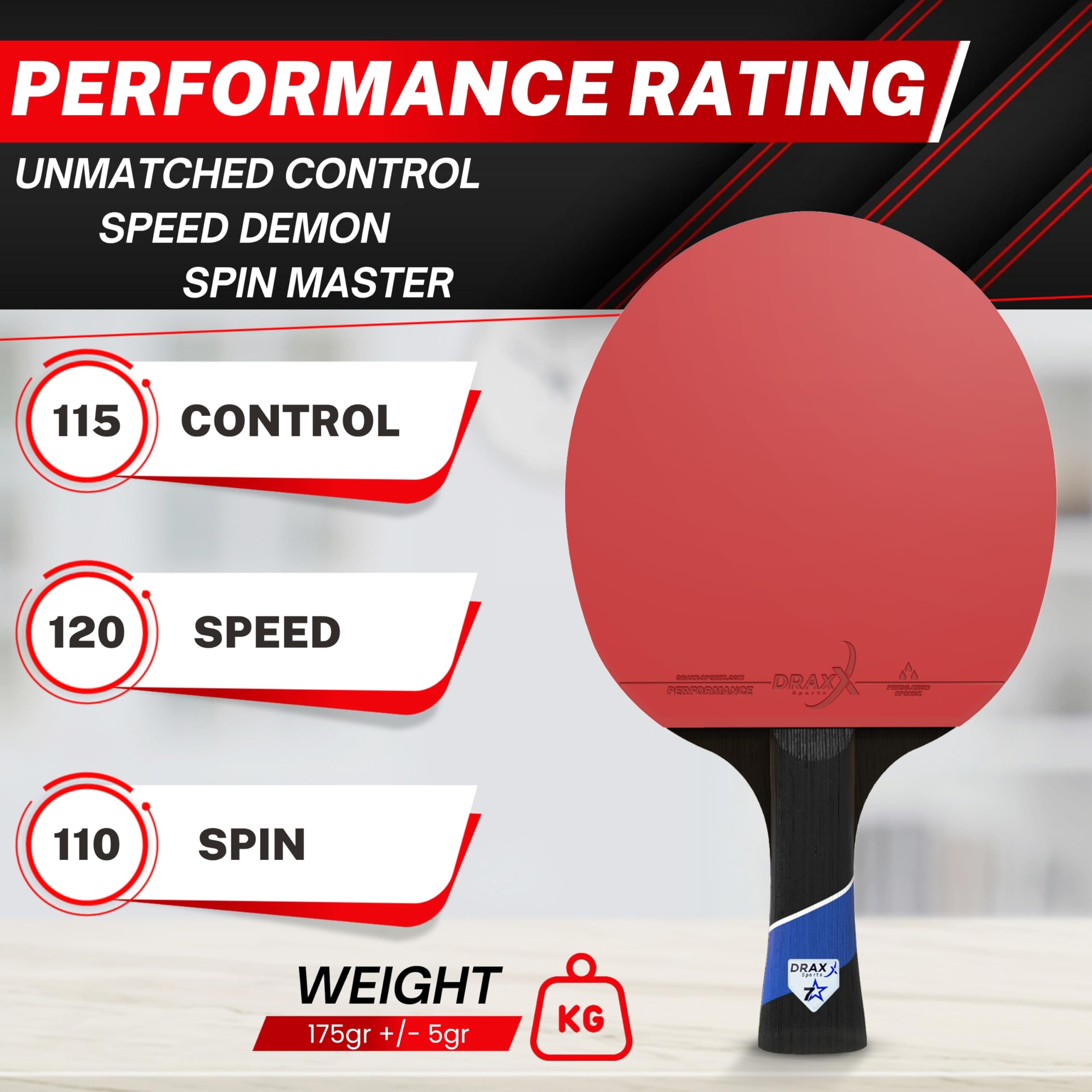 DRAXX Sports Table Tennis Bat 7 Stars | Professional Carbon Paddle for Unmatched Control, Spin & Power | Ultra-Lightweight Ping Pong Racket Only 175g