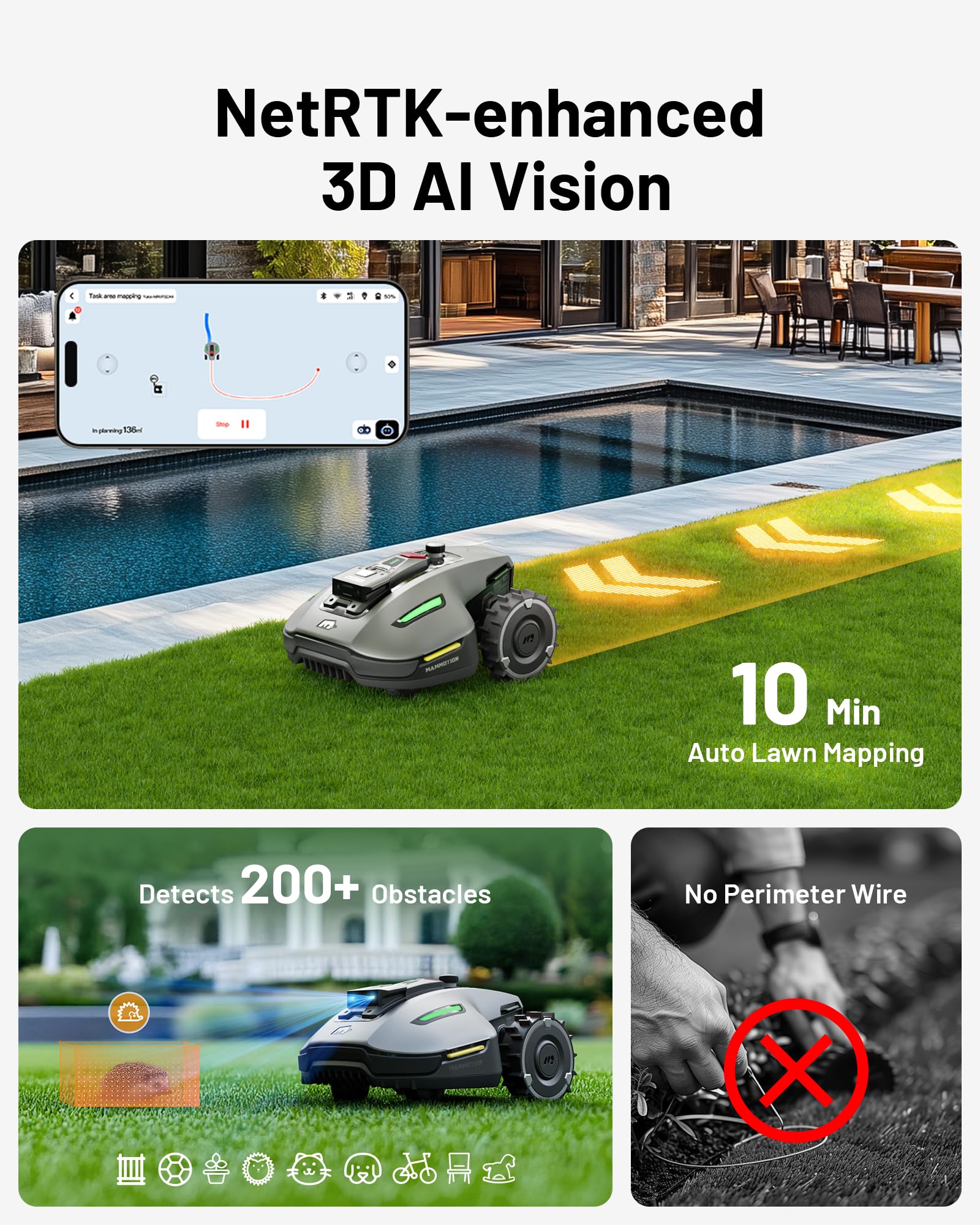 MAMMOTIONYUKA mini Robot Lawn Mower without Boundary Auto Mapping UltraSense Al Vision, 80% Gradient, 25-70 mm Cutting Height (YUKAmini700)