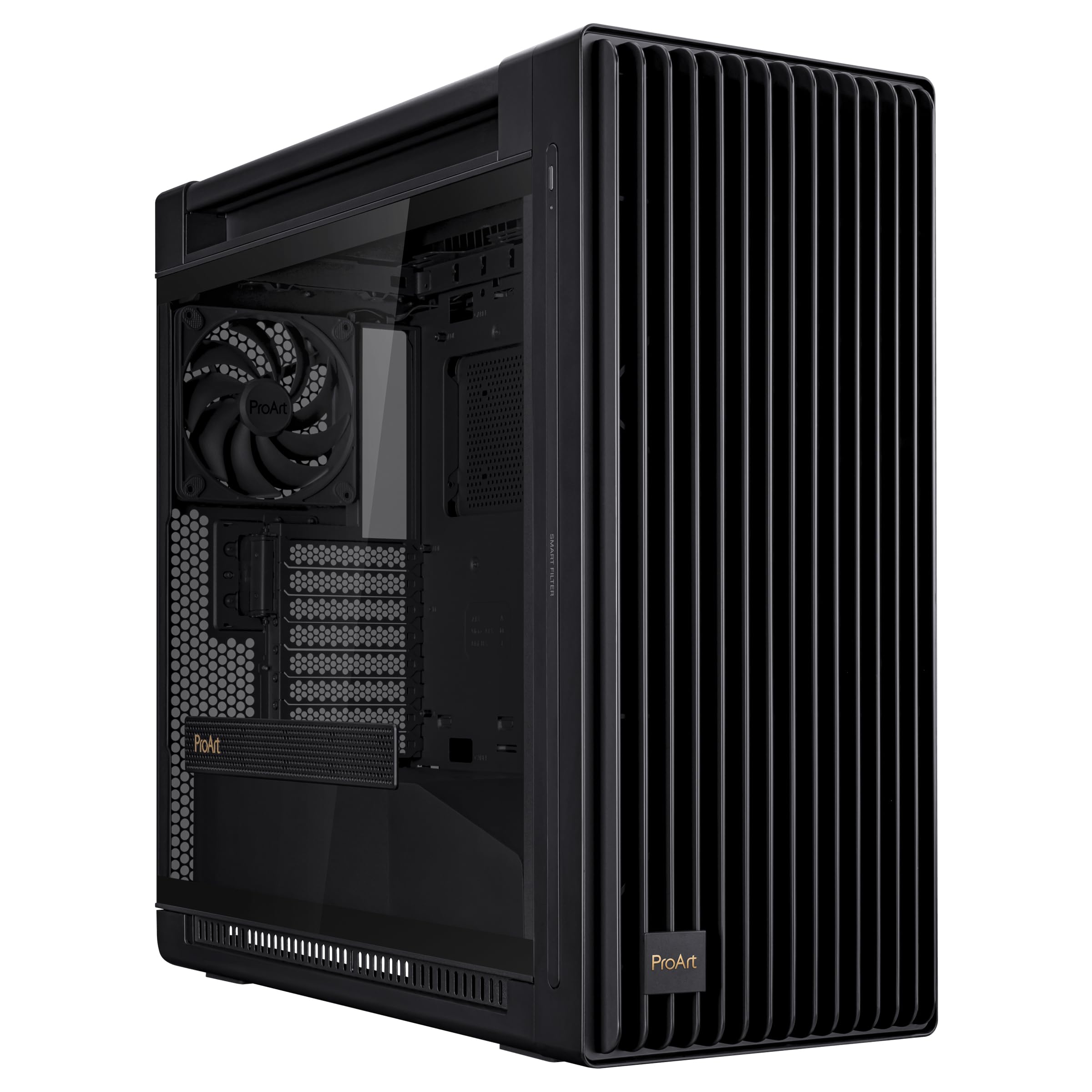 ASUS ProArt PA602 E-ATX computer case, 420 mm radiator support, one 140 mm and two 200mm pre-installed system fans, front panel IR dust indicator, power lock latch, tool-less PCIe mounting