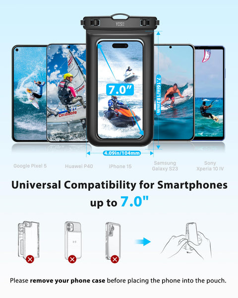 YOSH Waterproof Phone Pouch 2 Pack, 7 inch IPX8 Waterproof Phone Case for Swimming Travel Beach Trip Snorkelling Kayaking, Underwater iPhone Case for iPhone 16 15 14 Pro Max, Samsung S25 S24 Ultra
