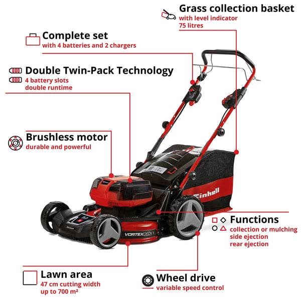 Einhell Power X-Change 36/43 Cordless Lawnmower With Battery (x2) and Charger (x2) - 36V, 43cm Cutting Width, 63L Grass Box, 6 Cutting Heights, Mulching - GE-CM 43 Li M Battery Lawn Mower Red / Black