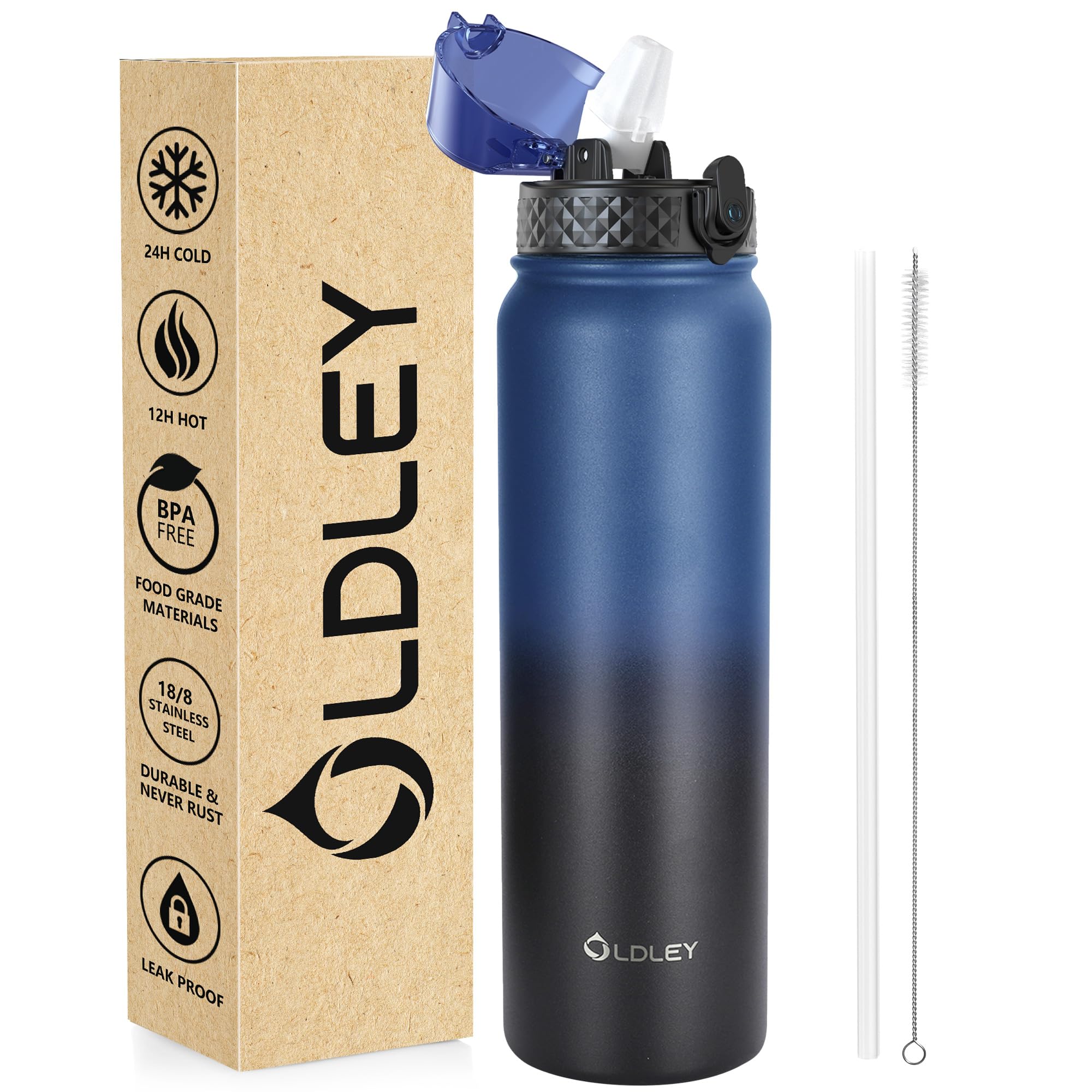 OLDLEY Stainless Steel Water Bottle with Straw 1L Vaccum Insulated Large Drink Flask Metal Water Bottles 1 Litre Leakproof Keep Drinks Hot Cold for Sports Gym with Different Lids(Purple Green, 3 Lids)