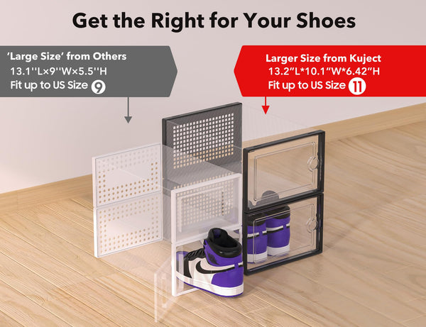 Kuject Large Shoe Boxes, Clear Stackable Shoes Storage Organiser, Fit Size 12, Plastic Sneakers Containers, Great Substitute for Shoe Rack, Space