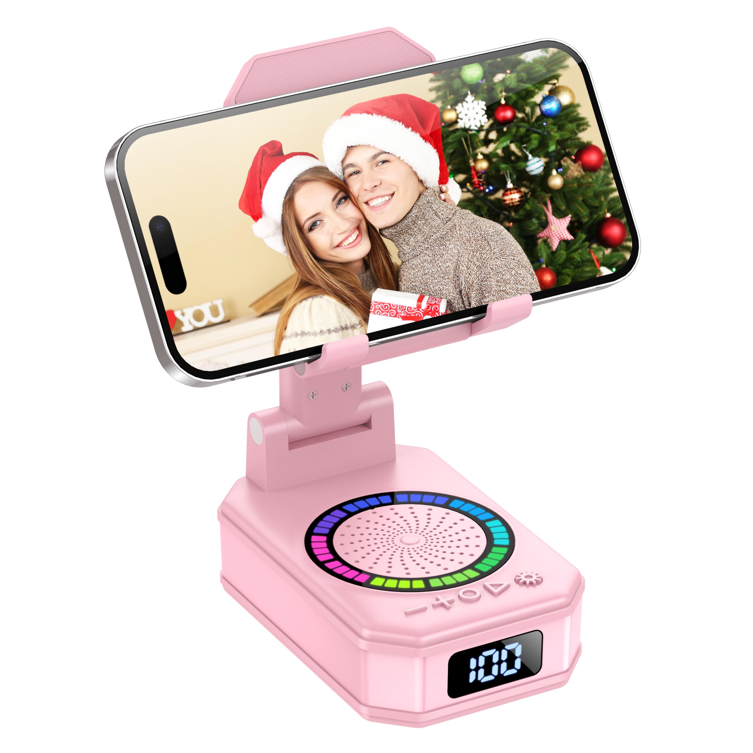 Gifts for Men Women, Phone Stand with Bluetooth Speaker, Anti-Slip Base, 4-in-1 Design with RGB, Foldable Phone Charger Stand with Wireless Speaker, Ideal for Dad Mom, Tech Gadget Stocking Fillers