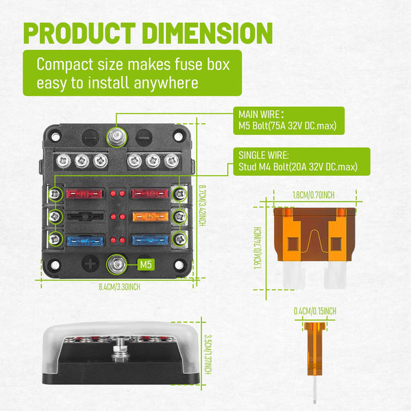 Chelhead 6 Way Boat Fuse Block with LED Indicator 6 Circuit Blade Fuse Blocks 12 Volt Automotive Waterproof with Negative Bus Suitable for 12V/24V Car RV Trailer Truck