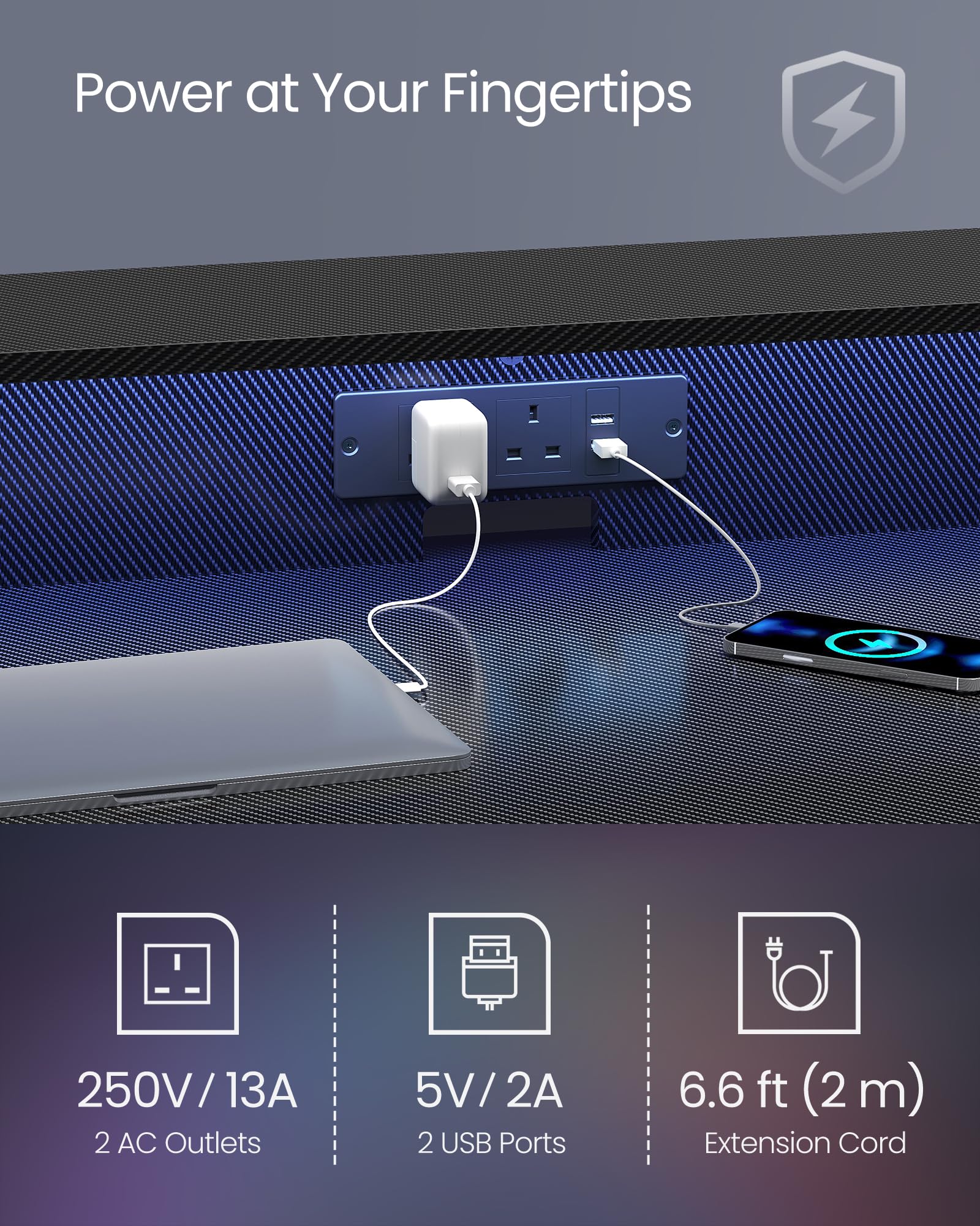 VASAGLE Gaming Desk with LED Lights and Built-In Power Outlets, Computer Desk with Monitor Shelf, Gaming Table for 2 Monitors, Office Desk, for Bedroom, 60 x 120 x 76 cm, Carbon Black LWD292B02