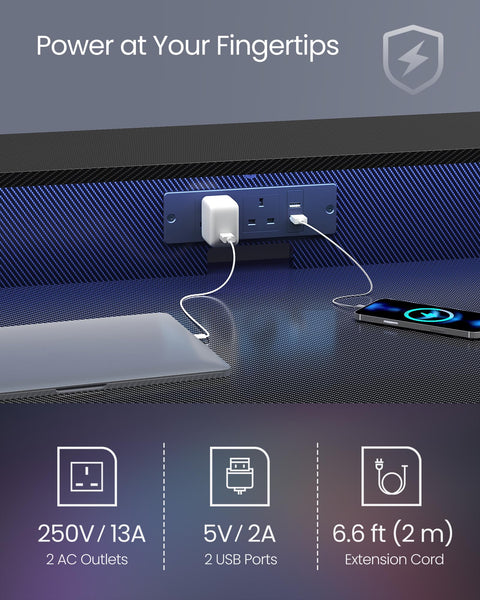 VASAGLE Gaming Desk with LED Lights and Built-In Power Outlets, Computer Desk with Monitor Shelf, Gaming Table for 2 Monitors, Office Desk, for Bedroom, 60 x 120 x 76 cm, Carbon Black LWD292B02