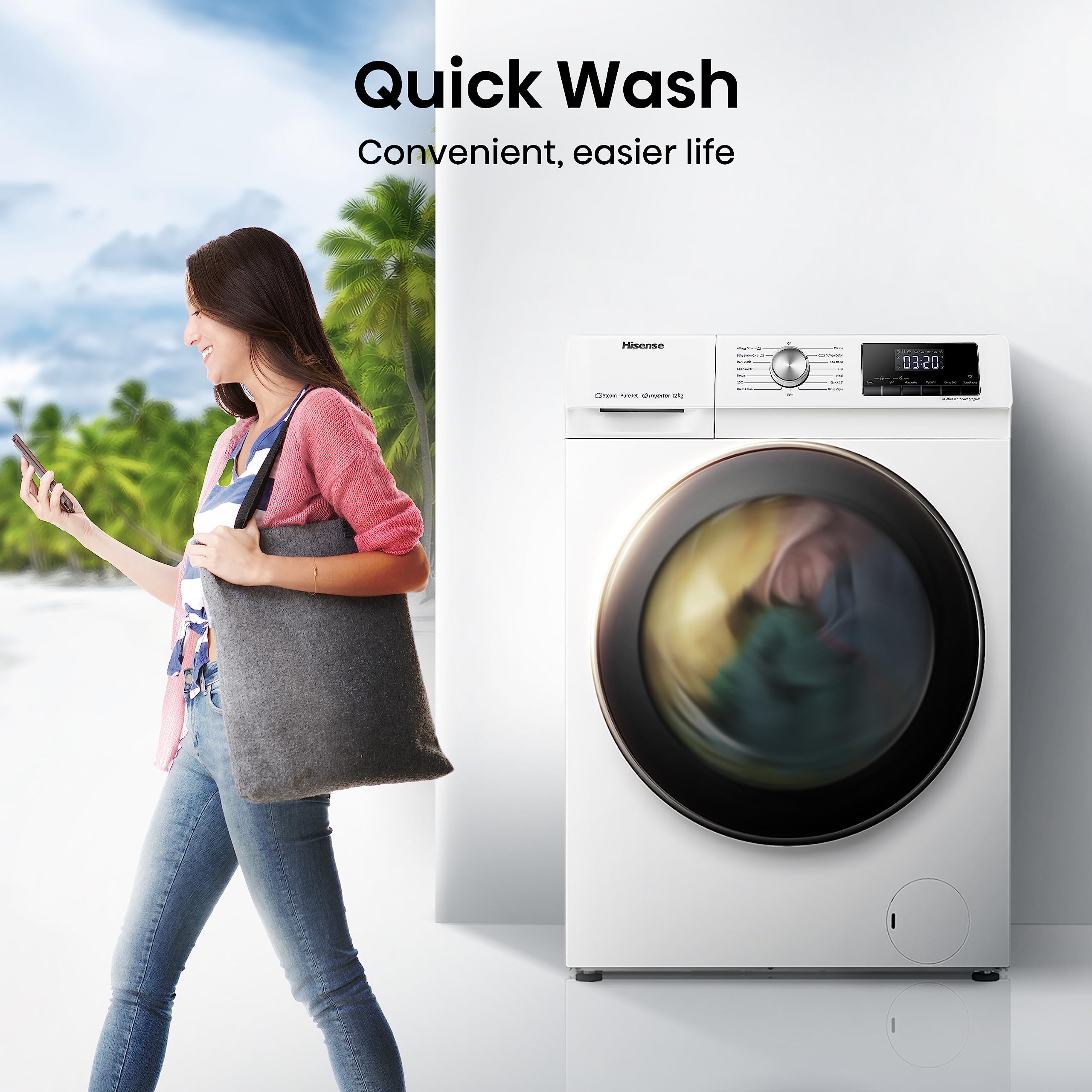 Hisense 3 Series WFQA9014EVJM Freestanding 9 KG Front Load Washing Durable Inverter Machine Steam Wash Quick Wash 15 Washing Programs 1400 RPM White- Energy Rating A