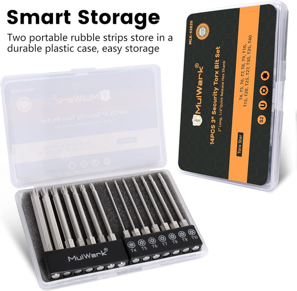 MulWark 14PC Magnetic Security Torx Bit Set 3" Long Tamper Proof Star Screwdriver Bit Set 1/4" Hex Shank S2 Steel T4 - T40 Impact Driver Bits
