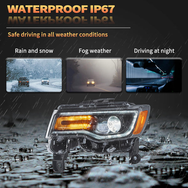 VLAND Full LED Headlights compatible with Grand Cherokee WK2 2014-2021,w/Startup dynamic display & Sequential Indicator, For Right hand drive - Black Housing