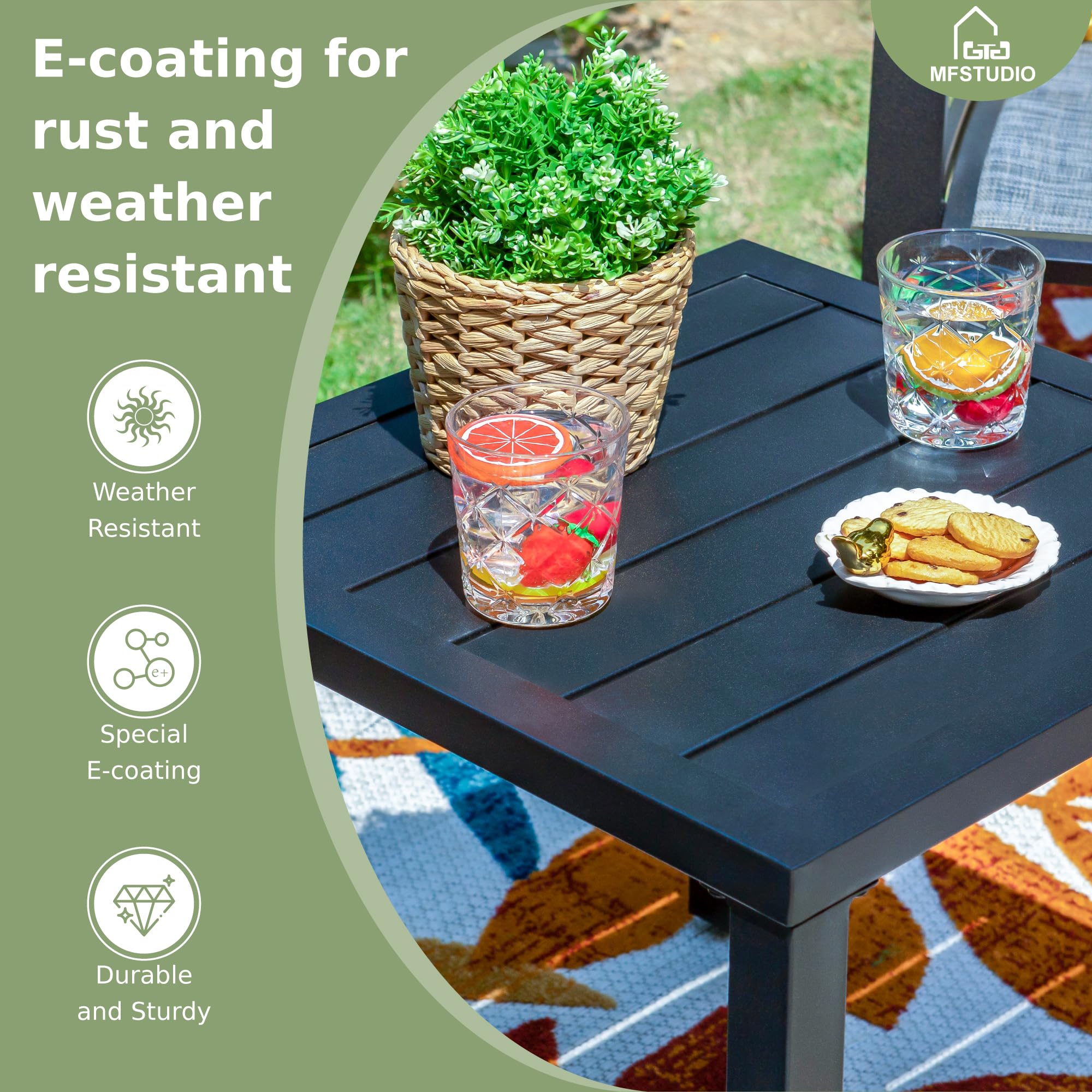 MFSTUDIO Garden Table, Metal Square Coffee Table, Tea Bistro Side Table, Small Outdoor Table, Weather Resistant, Black