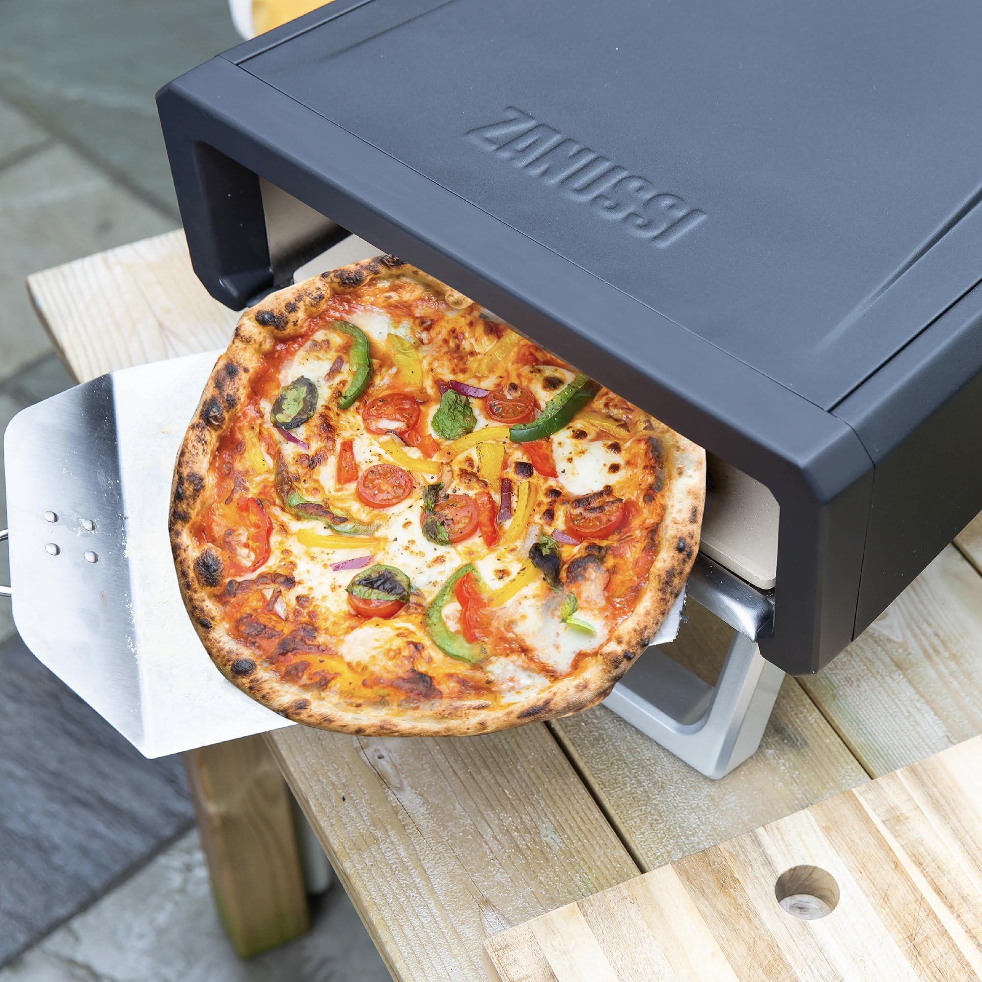 Zanussi ZPO1BPC Outdoor 12 Inch Wood Pellet Portable Wood Fired Pizza Oven with Paddle and Cover in Black, BBQ Oven & Smoker, Stainless Steel Foldable Legs