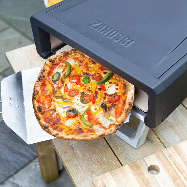 Zanussi ZPO1BPC Outdoor 12 Inch Wood Pellet Portable Wood Fired Pizza Oven with Paddle and Cover in Black, BBQ Oven & Smoker, Stainless Steel Foldable Legs