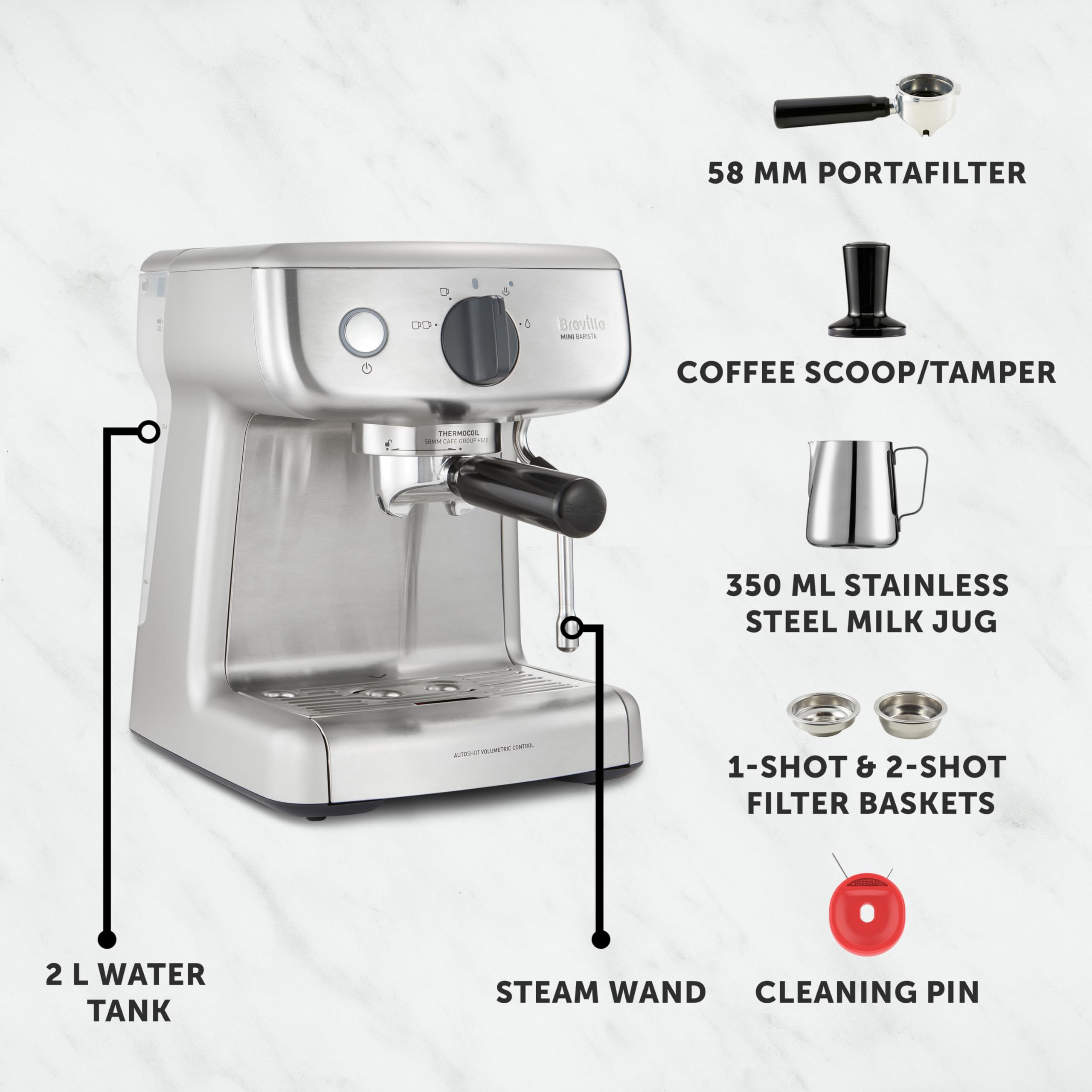 Breville Barista Max Espresso Machine | Latte & Cappuccino Coffee Maker with Integrated Bean Grinder & Steam Wand | 2.8 L Water Tank | 15 Bar Italian Pump | Stainless Steel